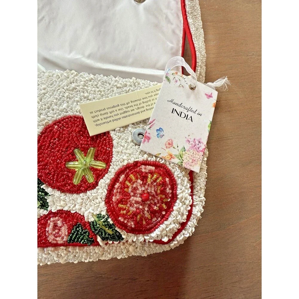 Beaded Tomato Bag Handcrafted In India NEW w/tags Viral Tiktok Red White 10x6" - Picture 13 of 16